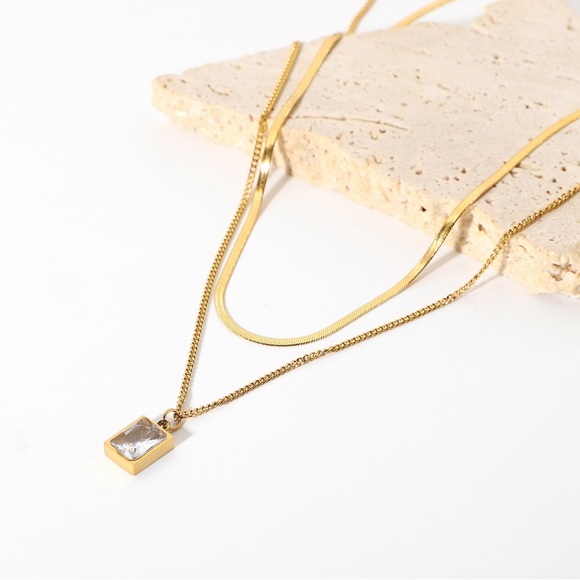 18K Gold Plated Double Layered Necklace,Snake Chain Mini Square Crystal … - Picture 7 of 10